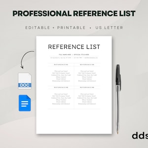 May include: A professional reference list template on US Letter paper with black text on a white background. The document includes fields for contact information and four references. A black ballpoint pen sits to the right of the page.