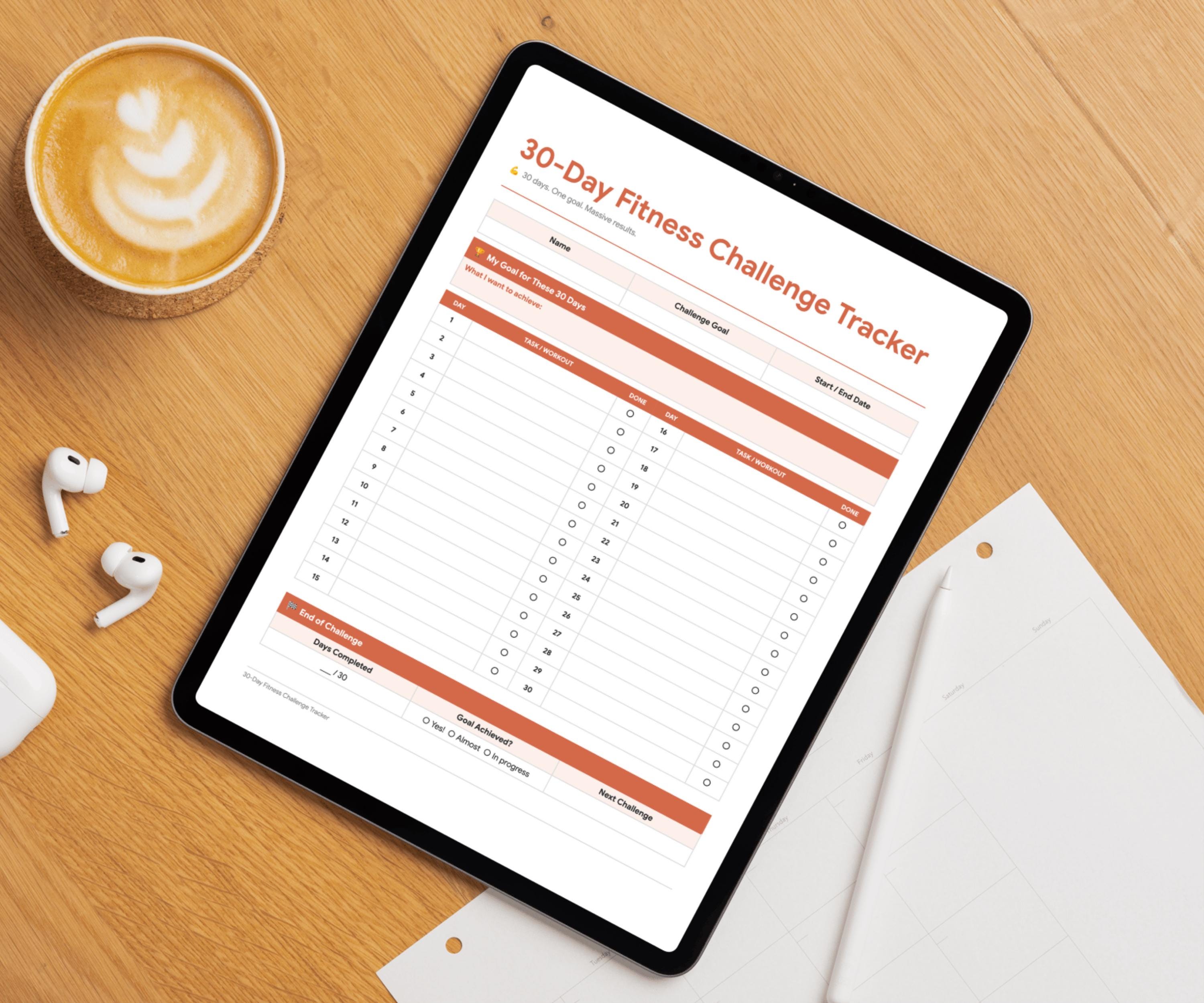 30 Day Fitness Challenge Tracker & Workout Planner (google Docs, Word ...