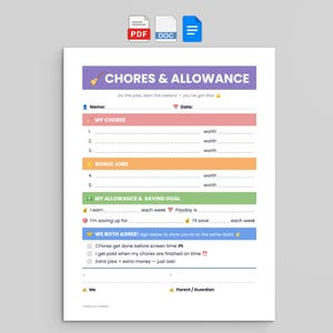 以下が含まれることがあります： CHORES & ALLOWANCEと書かれた紫色のヘッダーを持つ、家事と小遣い管理用の印刷可能なシート。家事、ボーナスジョブ、貯金目標のセクションがあり、下部には署名欄を含む合意事項のセクションが設けられています。