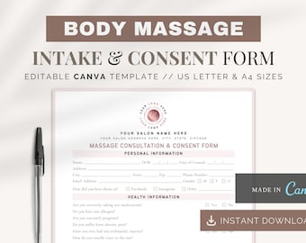 Massage Intake Form: Client Consultation, Canva Template (Digital Download)