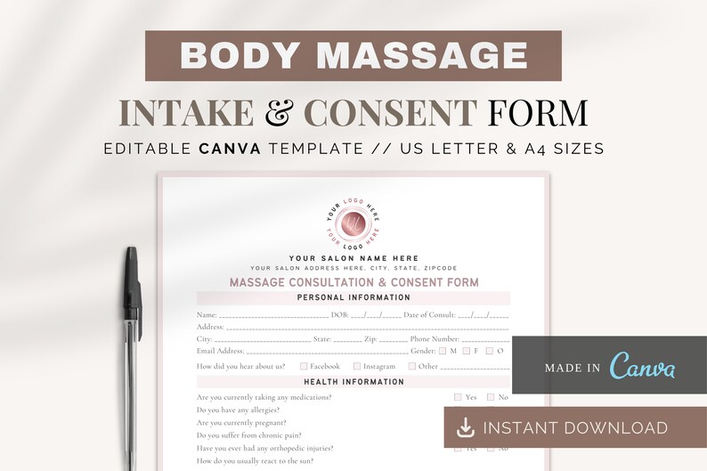 May include: A printable intake and consent form for body massage services. The form includes sections for personal information, health information, and consent. The form is editable and available in US Letter and A4 sizes.