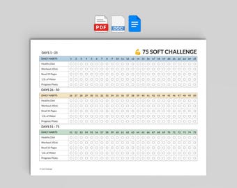 75 Registro de retos suaves, registro diario de hábitos editable (Google Docs, Word)
