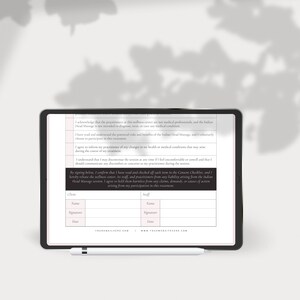 May include: A black and white document with a consent form for Indian Head Massage. The form includes a disclaimer, a section for the client to sign, and a section for the therapist to sign.
