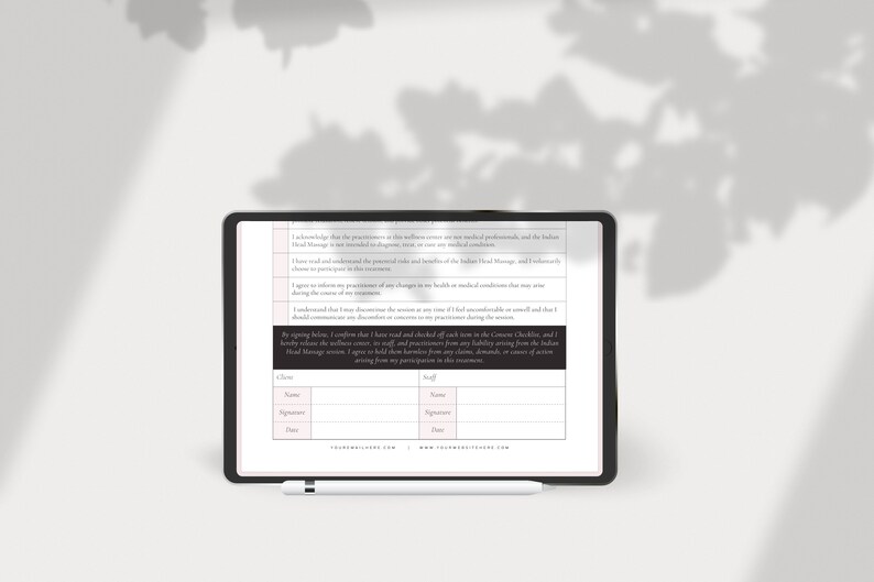 May include: A black and white document with a consent form for Indian Head Massage. The form includes a disclaimer, a section for the client to sign, and a section for the therapist to sign.
