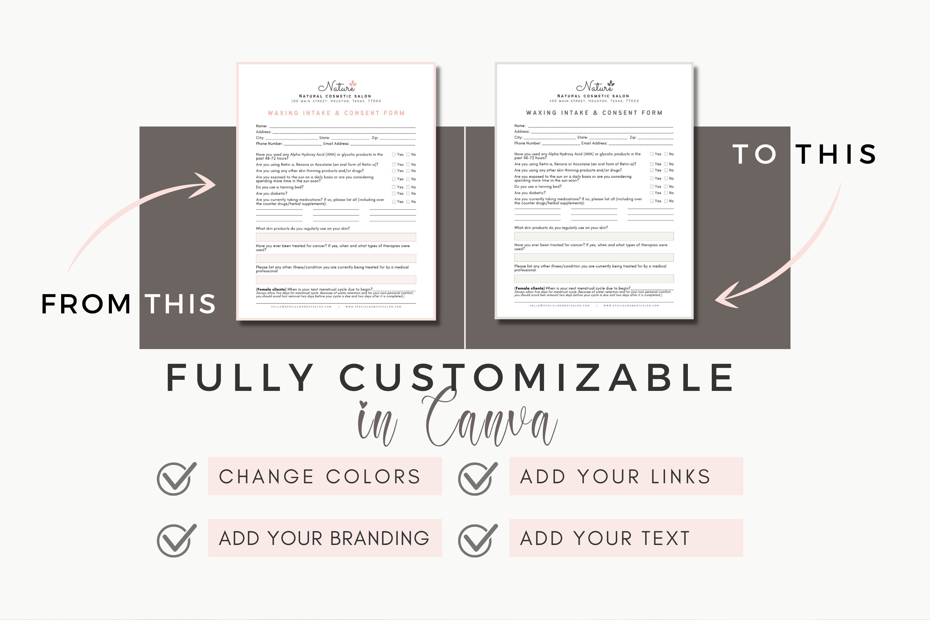 Waxing Intake Form Client Consent Forms Esthetician Canva | Etsy