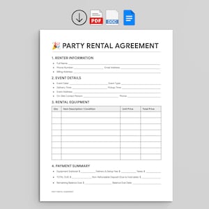 Puede incluir: Un formulario blanco de Acuerdo de Alquiler de Fiesta con secciones para la información del arrendatario, detalles del evento, equipo de alquiler y resumen de pago. El documento incluye campos para el nombre completo, número de teléfono, fecha del evento y descripciones de artículos.