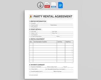 Party Rental Contract | Agreement & Invoice Tracker (PDF, Google Docs, Word)