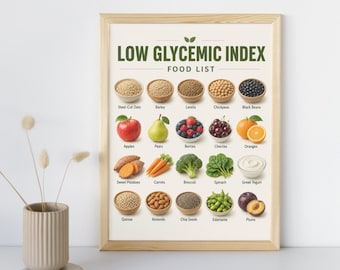 Lista de alimentos con bajo índice glucémico y tabla nutricional (descarga instantánea en PDF y PNG)
