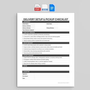 Op de afbeelding: Een wit document getiteld DELIVERY SETUP & PICKUP CHECKLIST met zwarte tekst en lijnen. Het bevat secties voor opdrachtdetails, inladen, opstelling, ophalen, notities en handtekening. Pictogrammen voor PDF, DOC en blauwe documenten staan erboven.