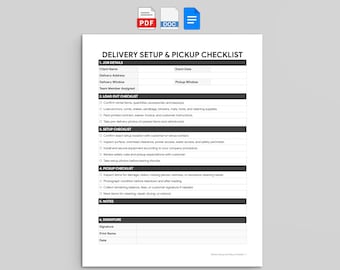 Plantilla de lista de verificación para la entrega, instalación y recogida de artículos de alquiler para fiestas (Google Docs, Word, PDF)