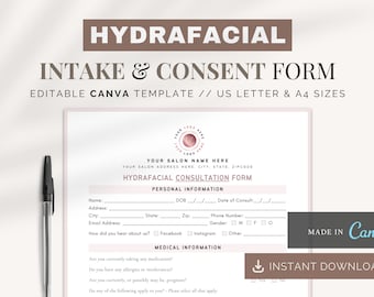 Formulaire d'apport hydrafacial | Modèles Canva Esthéticienne | Formulaire commercial de salon | Formulaires de consultation des clients | Consentement et suivi hydrafacial