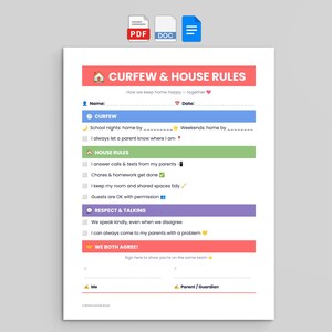 May include: A printable Curfew & House Rules document featuring sections for Name, Date, Curfew, House Rules, Respect & Talking, and We Both Agree. The layout uses color-coded bars in red, blue, green, and purple with icons and checkboxes.