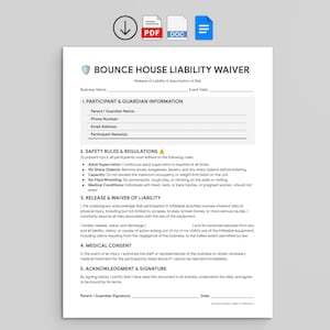 Può includere: Un documento bianco di rinuncia di responsabilità per Bounce House con testo nero. Il documento include sezioni per le informazioni sui partecipanti, le regole di sicurezza, la liberatoria, il consenso medico e il riconoscimento. Icone di file PDF e DOC in alto a destra.
