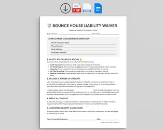 Bounce House Liability Waiver | Party Rental Form | Event Waiver (PDF, Google Docs, Word)