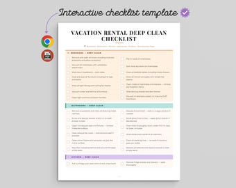 Plantilla interactiva de lista de verificación para la limpieza a fondo de alojamientos vacacionales (descarga instantánea en HTML y PDF)