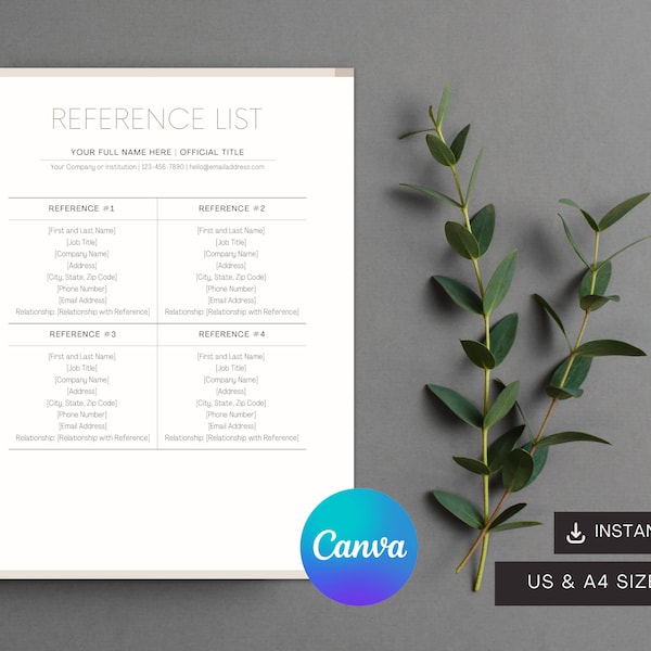 Referenzliste | Canva Template | Minimalistische Referenzliste Vorlage | Anpassbares Referenzlisten-Design | Professionelle Bewerbung