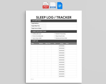 Sleep Log Tracker | Habits and Quality Journal | PDF, Word, and Google Docs