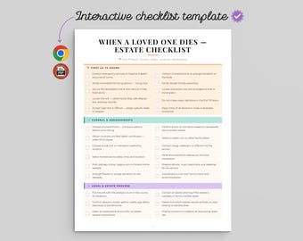 Plantilla interactiva de lista de verificación para la herencia: Cuando fallece un ser querido (descarga instantánea en HTML y PDF)