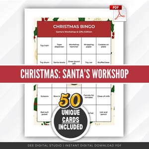 Op de afbeelding: Een printbaar kerstbingospel met de titel "Christmas Bingo: Santa's Workshop & Gifts Edition". Het spel bevat 50 unieke kaarten en vakantie-thema bingokaarten. Het ontwerp bevat rode, groene en gouden accenten.