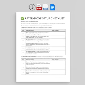 New Home Setup Checklist | After Move Unpacking, Security, Essentials Tracker (PDF, Google Docs, Word)