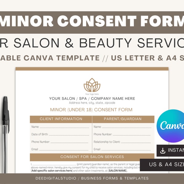 Minor Consent Form | Parenteral Consent Form | Canva Template | Hair Salon Business Form | Beauty Business Forms | Editable Templates
