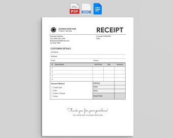 Business Sales Receipt Template, Editable Payment Form (Google Docs, Word, PDF)