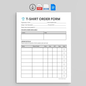 Beställningsformulär för t-shirts | Spårning av anpassade kläder | Mall för insamling (PDF, Google Dokument, Word)