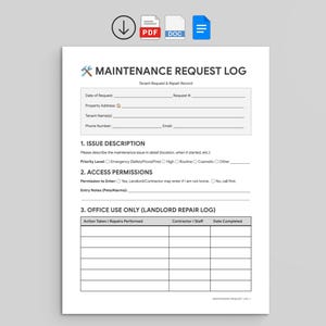 Maintenance Request Log Printable | Landlord Repair Form | Property Management (PDF, Google Docs, Word)