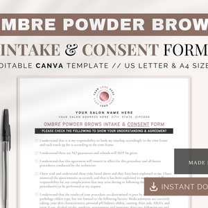 Ombre Powder Brow Intake Form: Esthetician Consultation, Canva Template (US & A4)