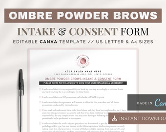 Ombre Powder Brow Intake Form: Esthetician Consultation, Canva Template (US & A4)