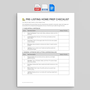 May include: A white document titled "PRE-LISTING HOME PREP CHECKLIST" with a checklist for preparing a home for sale. The document includes sections on curb appeal, exterior, and general interior decluttering.