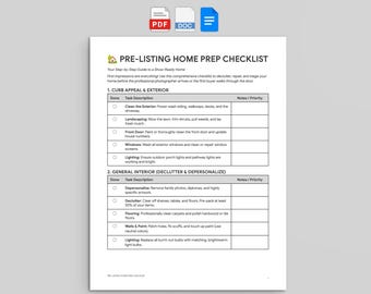 Pre-Listing Home Prep Checklist, Editable Real Estate Staging Guide (Google Docs, Word, PDF)