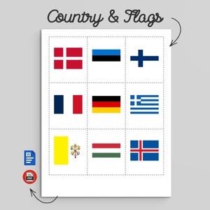 以下が含まれることがあります： 「Country & Flags」というタイトルの印刷可能なシート。デンマーク、エストニア、フィンランド、フランス、ドイツ、ギリシャ、バチカン市国、ハンガリー、アイスランドの9つの国旗がグリッド状に配置されており、青いWordアイコンと赤いPDFアイコンが添えられています。