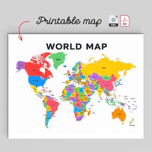 May include: A colorful world map with the text "WORLD MAP" at the top. The continents are divided into distinct countries, each filled with a different solid color. Above the map, the text "Printable map" is written with a red arrow pointing down.