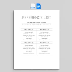 Puede incluir: Un documento blanco con el título "REFERENCE LIST". Presenta secciones para referencias, cada una con campos para nombre, título, empresa, dirección y datos de contacto. El diseño es limpio y moderno, adecuado para uso profesional.