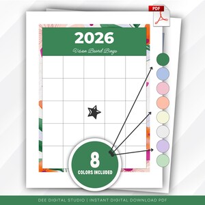 May include: A digital PDF vision board bingo for 2026. The design features a grid layout with a star icon and a green circle indicating that 8 colors are included. The design has a floral border with a PDF icon.