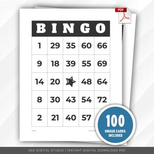 Peut inclure: Une carte de Bingo en noir et blanc avec le mot "BINGO" en haut. La carte comporte des cases numérotées et un symbole d'étoile. Un cercle bleu avec le texte "100 CARTES UNIQUES INCLUSES" se trouve en bas à droite. Une icône PDF est en haut à droite.