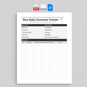 Op de afbeelding: Een wit, printbaar New Baby Schedule Tracker document met zwarte tekst en rasterlijnen. De lay-out bevat secties voor babygegevens, een dagelijkse samenvatting en een dagelijks logboek voor het bijhouden van voedingen en slaapmomenten.