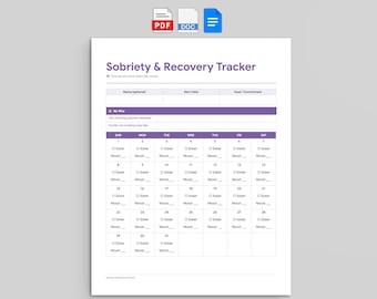 Soberheid-tracker pdf: maandelijkse herstelkalender met stemmingslogboek | Bewerkbaar Word en Google-documenten