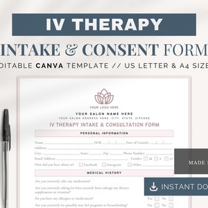 IV Hydration Consent Form | Canva Templates | IV Therapy Intake Form | Client Consultation Forms | IV Therapy Consultation Form