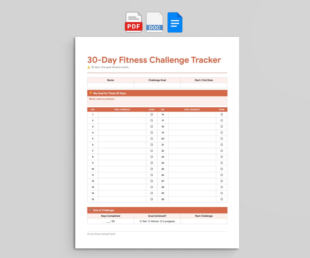 30 Day Fitness Challenge Tracker & Workout Planner (google Docs, Word ...