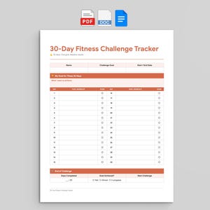 Może przedstawiać: Biały 30-dniowy tracker wyzwań fitness z pomarańczowymi akcentami. Dokument zawiera sekcje dotyczące celów, codziennych zadań i śledzenia postępów. Tytuł brzmi "30-Day Fitness Challenge Tracker".
