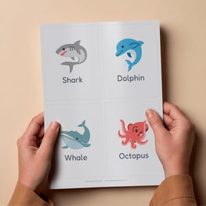 Puede incluir: Una persona sostiene una tarjeta con ilustraciones de criaturas marinas: un tiburón, un delfín, una ballena y un pulpo. Cada imagen va acompañada del nombre de la criatura en una fuente clara. El fondo es de color beige claro.