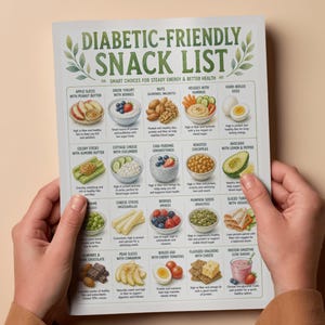 以下が含まれることがあります： 「DIABETIC-FRIENDLY SNACK LIST」と書かれた印刷物を両手で持っています。リンゴのスライス、ギリシャヨーグルト、ナッツ、フムス添え野菜、ゆで卵、セロリのスティック、カッテージチーズ、チアシードプリン、ローストひよこ豆、アボカド、ベリー、カボチャの種、ターキーのスライス、アーモンド、梨のスライス、ゆで卵、クラッカー、プロテインスムージーなど、写真付きのスナックオプションが掲載されています。
