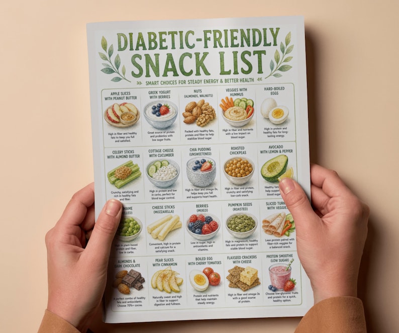 以下が含まれることがあります： 「DIABETIC-FRIENDLY SNACK LIST」と書かれた印刷物を両手で持っています。リンゴのスライス、ギリシャヨーグルト、ナッツ、フムス添え野菜、ゆで卵、セロリのスティック、カッテージチーズ、チアシードプリン、ローストひよこ豆、アボカド、ベリー、カボチャの種、ターキーのスライス、アーモンド、梨のスライス、ゆで卵、クラッカー、プロテインスムージーなど、写真付きのスナックオプションが掲載されています。
