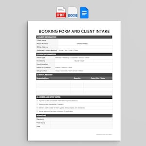 May include: A white booking form and client intake document with black text and headers. The form includes sections for client information, event details, rental requests, access and setup notes, and a signature line, with PDF and DOC icons above.