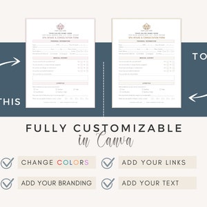 May include: Two customizable spa intake and consultation forms with a lotus flower design. The forms are shown on a blue background with arrows pointing to and from the forms. The text "FULLY CUSTOMIZABLE in Canva" is below the forms. Below the text are four checkmarks with the text "CHANGE COLORS", "ADD YOUR LINKS", "ADD YOUR BRANDING", and "ADD YOUR TEXT".