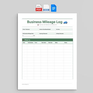 Puede incluir: Un documento imprimible de registro de kilometraje empresarial con el título Business Mileage Log, un icono de coche azul, campos para conductor, vehículo, año fiscal y tasas, seguido de una tabla para registrar los detalles del viaje.