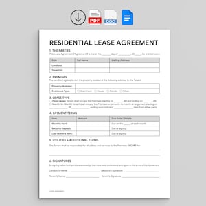 Könnte beinhalten: Ein Formular für einen Wohnungsmietvertrag mit der Überschrift „RESIDENTIAL LEASE AGREEMENT“. Das Dokument enthält Abschnitte für Parteien, Räumlichkeiten, Mietart, Zahlungsbedingungen, Nebenkosten und Unterschriften. Das Formular hat einen weißen Hintergrund.