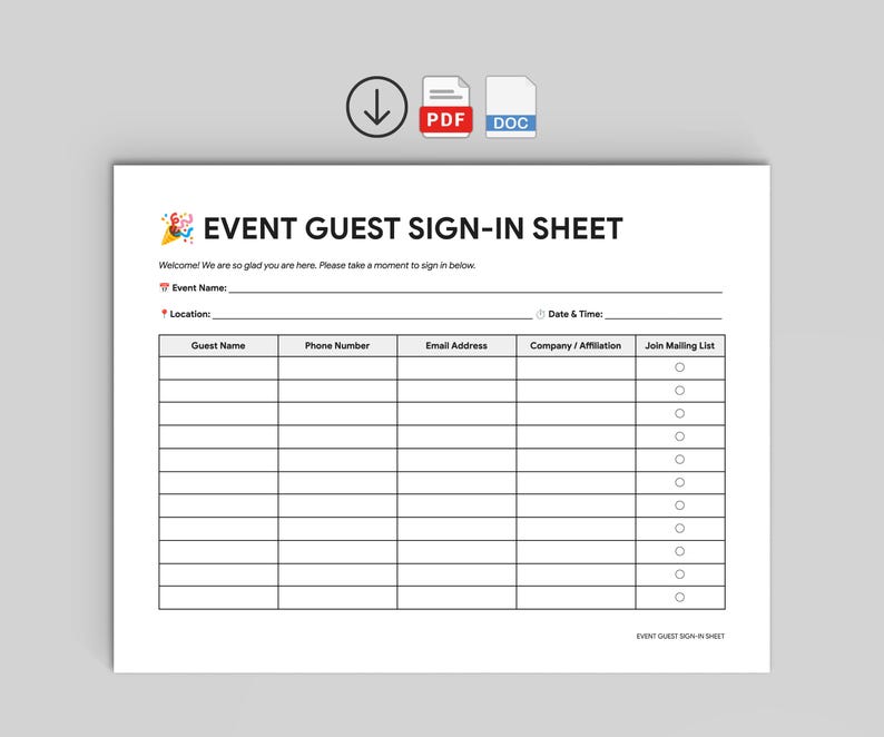 Event Guest Sign-in Sheet | Party Attendance Log | Registration Form ...